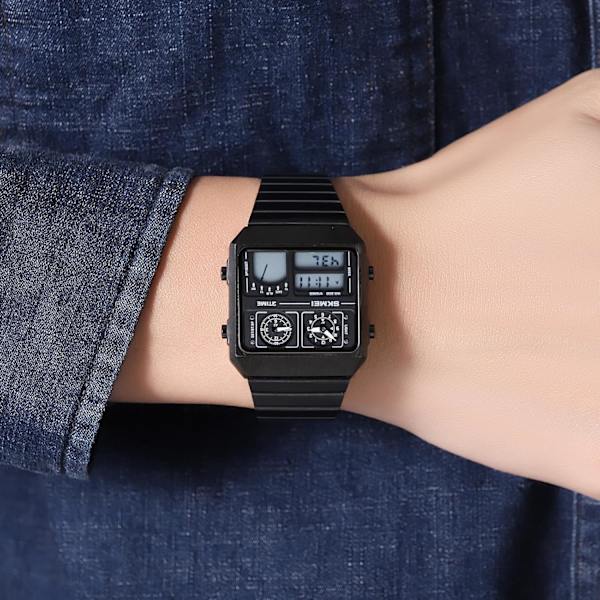 Multifunktionella Fyrkantiga Herrklockor Dubbel Display Sportklocka för Män Termometer Datum Rostfritt Stål Armbandsur Alarm Business Manlig Quartzklocka