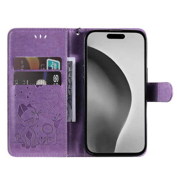 PU-læder telefoncover med katte- og bi-mønster til iPhone 16 Pro Max