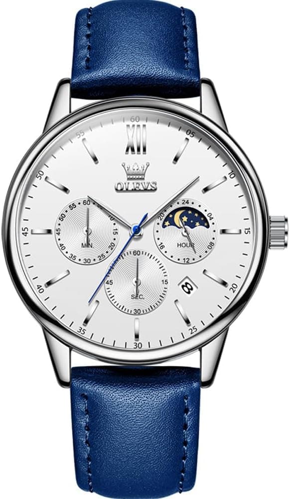 Herre Ægte Læder Ur Vandtæt Chronograph Quartz Ur Rustfrit Stål Herreur (Blå)