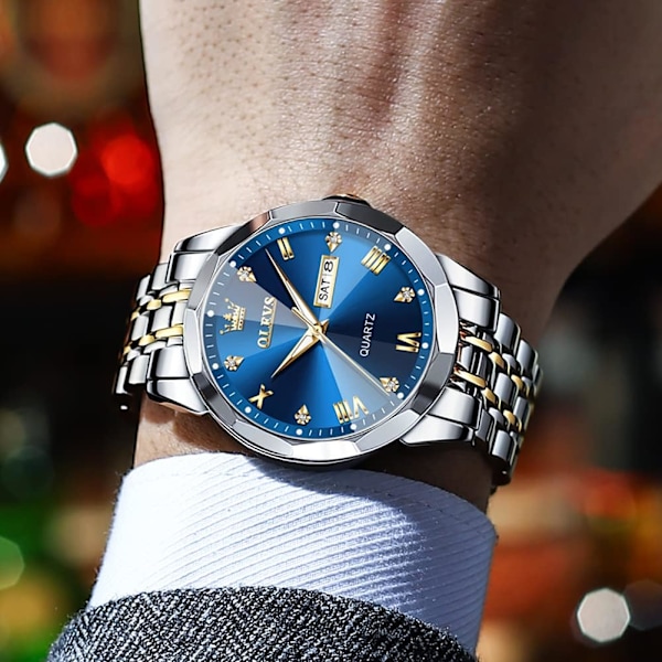 Klocka för män Diamant business dress Analog kvarts rostfritt stål vattentät självlysande datum tvåfärgad lyxig vardagsklocka