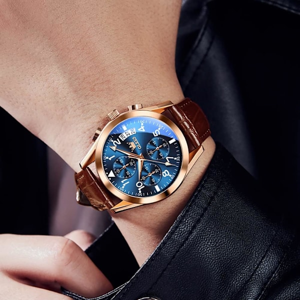 Herrklockor brunt läder guld boett Analog kvarts mode affärs dress klocka dag datum Luminous vattentät casual herrarmbandsur