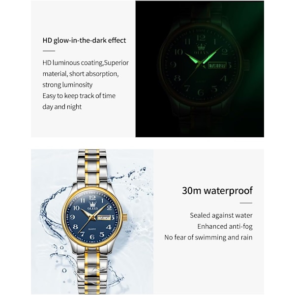 Dam Diamant Kvarts Klocka Kalender Månfas Vattentät Klocka (Guld)