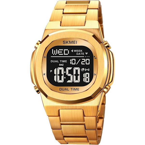 Dual Time LED Digital Klocka för Män Multifunktion Armbandsur Rostfritt Stål Business Vattentät Klocka Datum Alarm