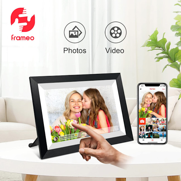 VEANXIN 10,1-tums digital fotoram, 1280x800 IPS LCD-pekskärm, inbyggt 32 GB minne, gult trä