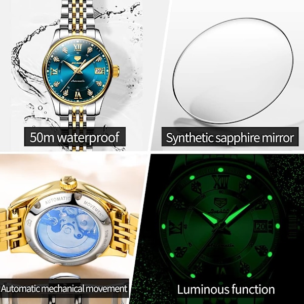 Automatisk damklocka lyx diamant självuppdragande armbandsur månfase rostfritt stål vattentät lysande blå urtavla…