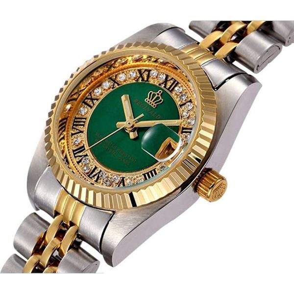 Lyxig Dam Analog Klocka Diamant Guld Rostfritt Stål Quartz Klocka Vattentät Kalender Lysande Klocka