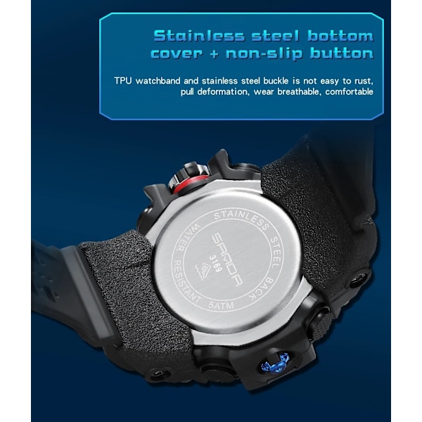 Stilren Digital Analog Klocka, Stor Urtavla 2.2\", 50m Vattentålig, Dubbla Tidszoner, Alarm, LED-Bakgrundsbelysning, Stoppur, PU-Armband