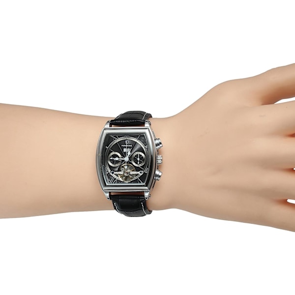 Unik design automatisk analog tonneau-formad armbandsur för män med läderarmband