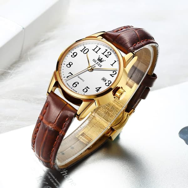 Elegant Brun Läder Medium Urtavla Vattentät Quartz Damklocka (Vit)