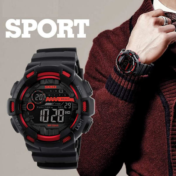 Utomhus Sportklocka Herr Multifunktion 5Bar Vattentät Rem LED Display Klockor Chrono Digital Klocka