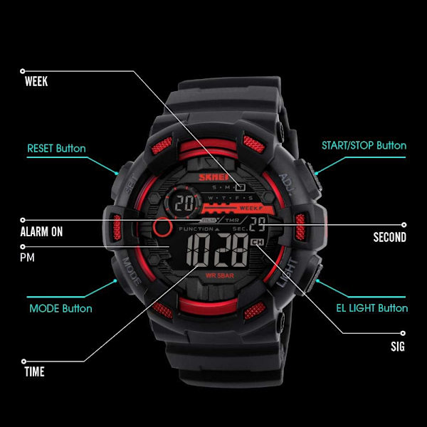 Utomhus Sportklocka Herr Multifunktion 5Bar Vattentät Rem LED Display Klockor Chrono Digital Klocka