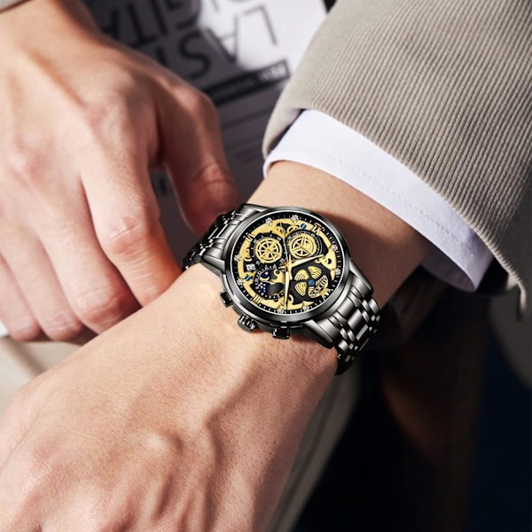 Herr Diamant Chronograf Klocka Multifunktion Datum Vattentät Rostfritt Stål Klocka (Svart)