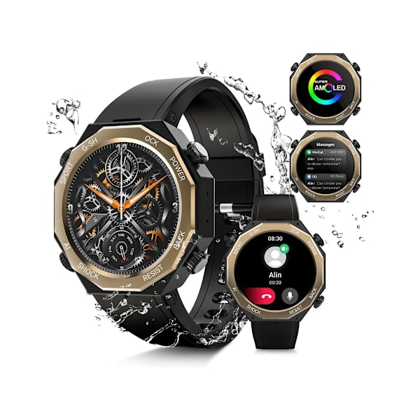 Smartklocka för män Svara/Ring samtal 1 45 AMOLED Taktisk Utomhus 100M Vattentät Fitness Tracker Klockor