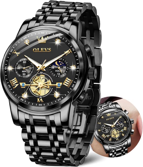 Herre Chronograph Rustfrit Stål Stort Ur Vandtæt Ur (Sort)