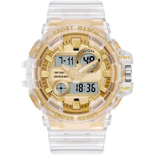 Sanda Herr Dam Stor Urtavla Transparent Multifunktionell Digital Klocka Casual Dubbel Display 12H/24H Stoppur Kalender Unisex Armbandsur