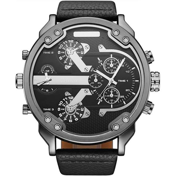 Dual Time Zone Japan Quartz Urverk Mörkblå Urtavla Herrarmbandsur Läderband Relogios Masculino
