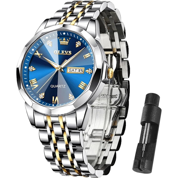Herrklockor Lyxiga affärs diamant analog kvartsklockor för män med datum tvåfärgad rostfritt stål vattentät lysande armbandsur