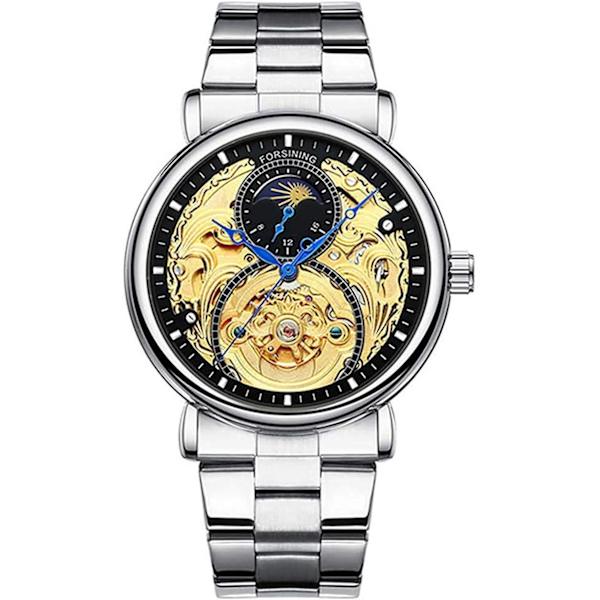 Automatisk Klocka för Män Lyx Skeleton Tourbillon Rostfritt Stål Läder Armbandsur