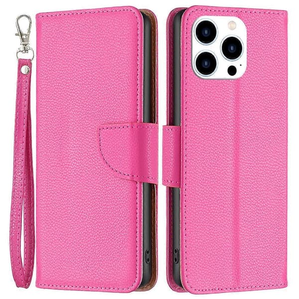 For iPhone 16 Pro Lychee Tekstur Ensfarget Lær Lommebok Etui Flip Cover
