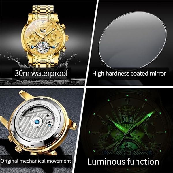 Automatisk herrklocka självuppdragande skelett mekanisk tourbillon klassisk lyx multi-kalender rostfritt stål vattentät armbandsur för män