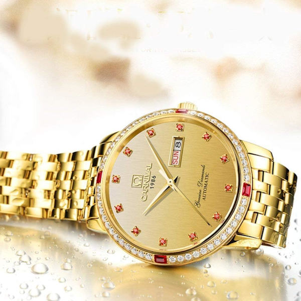 Automatiska lyxklockor för män Kristall Diamant Guld Tvåfärgad Klocka Datum Rostfritt Stål Armbandsur