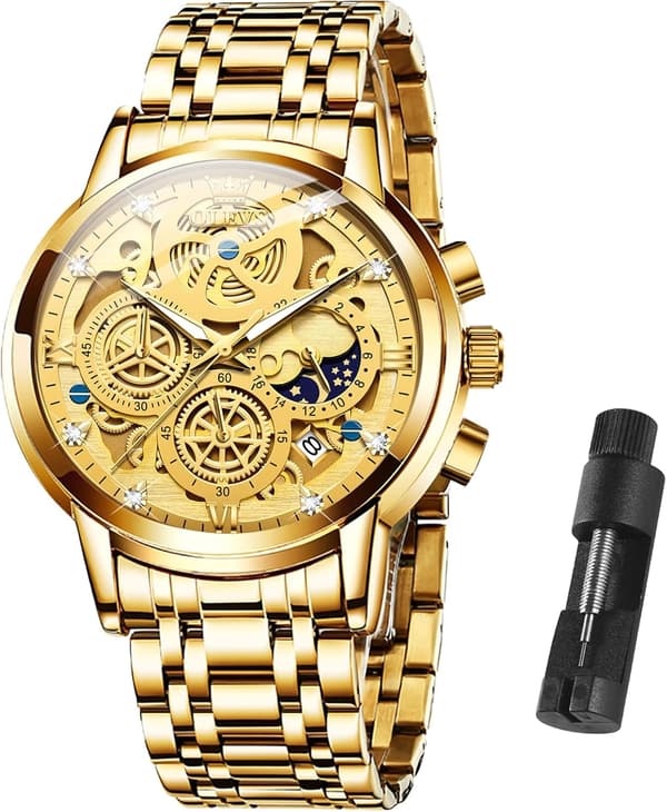 Herre Diamant Chronograf Ur Multifunktions Dato Vandtæt Rustfrit Stål Ur (Guld)