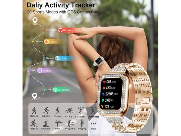 Smartwatch 1.57'' Dam Bluetooth-samtal med Kvinnofunktion Sömn Ip67 Vattentät Guld