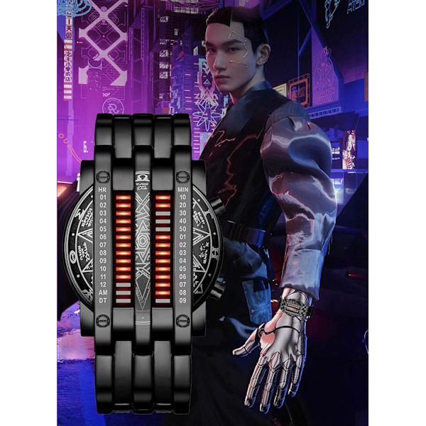 Binär Matrix Blå LED Digital Klocka Herr Klassisk Kreativ Mode Svartpläterade Armbandsur
