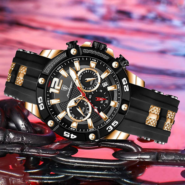 Kronograf Herrklockor Sport Quartz Klocka Lysande Datum Armbandsur för Män Silikonarmband 30M Vattentät