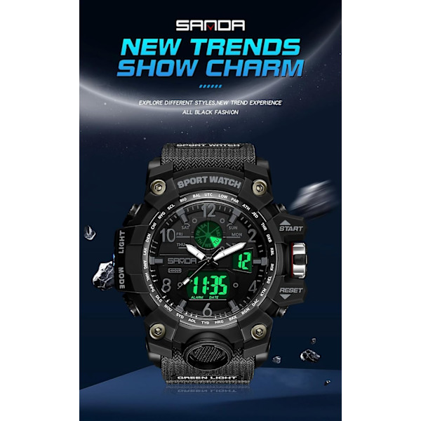 Stilren Digital Analog Klocka, Stor Urtavla 2.2\", 50m Vattentålig, Dubbla Tidszoner, Alarm, LED-Bakgrundsbelysning, Stoppur, PU-Armband