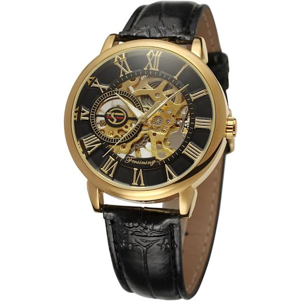 Vattentät mekanisk handuppdragen skelettklocka i antik steampunk-stil för män med läderarmband