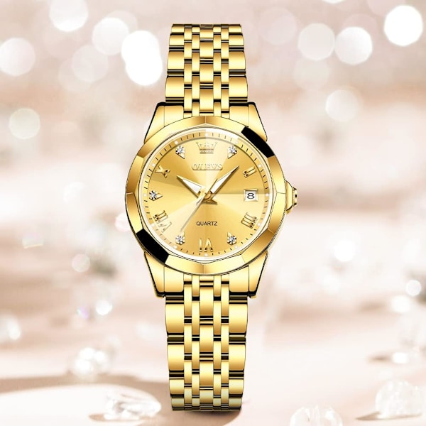 Damklocka Guld diamant klassisk elegant armbandsur rostfritt stål vattentät datum