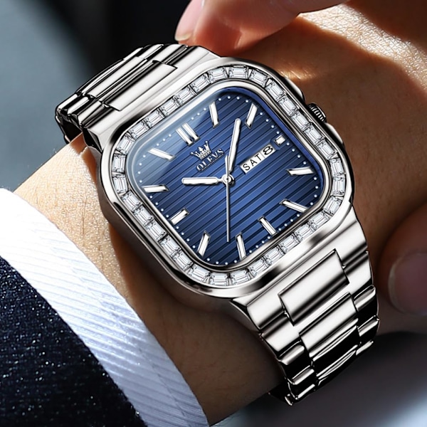 Enkel Diamant Quartz Rektangulär Vattentät Lysande Rostfritt Stål Klocka med Datum för Män (Silver Vit)