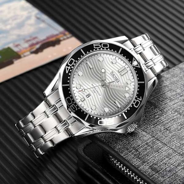 Business Casual Herrklockor Roterbara Självlysande Visare Analog Kvarts Armbandsur Rostfritt Stål Silikonarmband Klocka för Män