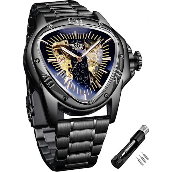 Winner Fashion Mekanisk Armbandsur Triangel Racing Urtavla, Vattentät Gyllene Skeletturtavla Automatisk Rörelse Läderdesign Mekanisk Klocka