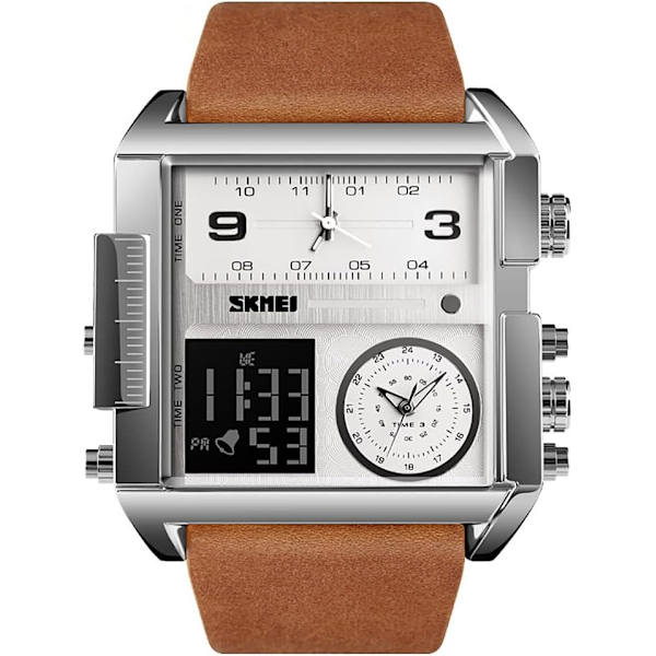 Herrklockor Multi-Time Zone Sport Fyrkantig Klocka Dubbel Display Stor Urtavla Luminous Stoppur Alarm Quartz Vattentät Herrarmbandsur