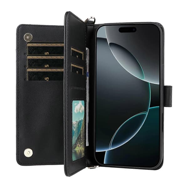 Plånboksfodral för iPhone 16 Pro med axelrem, läderfodral