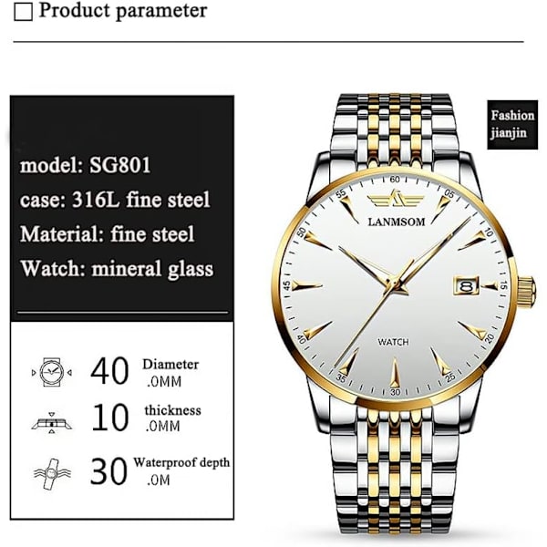Tunn herrklocka för affärer, stor urtavla, lyxklocka för män, kalender i rostfritt stål, herrklocka, kvarts, vattentät armbandsur för män
