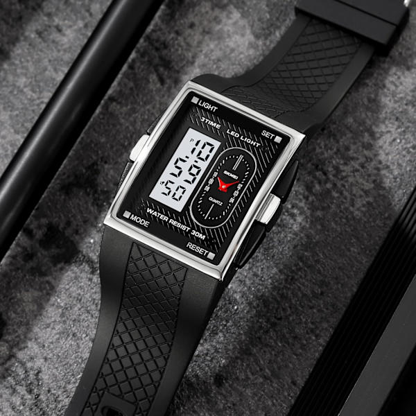 Digitala analoga herrklockor fyrkantig urtavla sportig avslappnad dubbel display multifunktionell armbandsur för män med alarm vattentät LED lysande