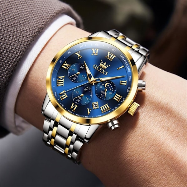 Herrklocka Analog Kvarts Rostfritt Stål Vattentät Luminous Datum Tvåfärgad Lyxig Casual Chronograph Klocka…