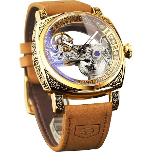 Europeisk ädel stil, lyxig mekanisk herrklocka, retro ihålig design, manuell och automatisk uppdragning, självlysande vattentät, läderarmband