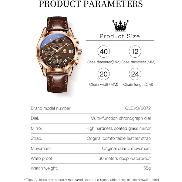Herrklocka i Läder Stor Urtavla Vattentät Kvarts Chronograph med Datum (Brun)