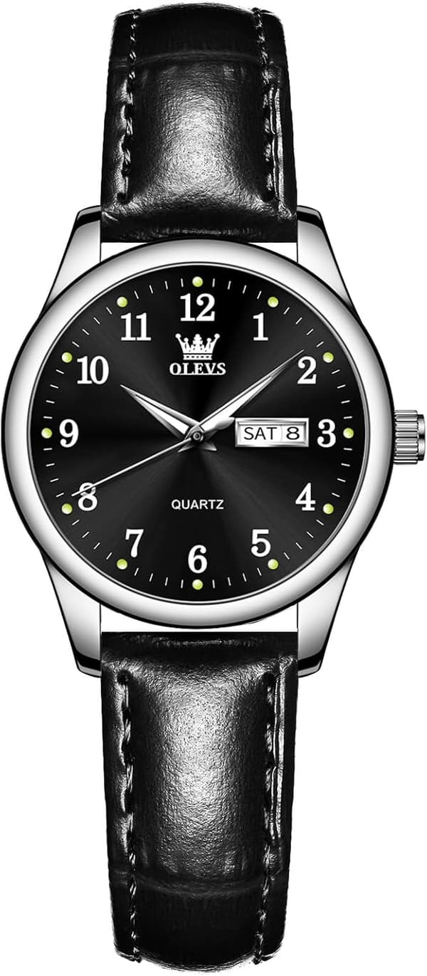 Klassisk kalender quartz ur dame læder vandtæt ur (sort)