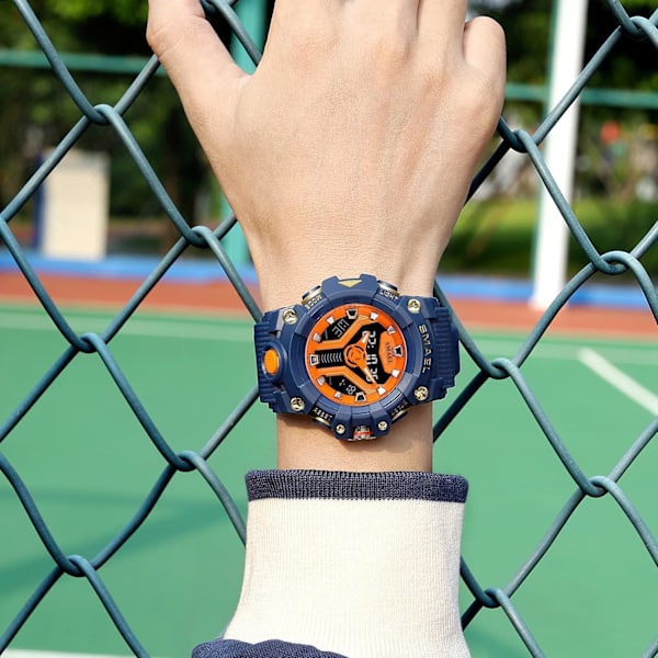 Herrklocka för utomhussporter, dubbel tid, multifunktionell, självlysande, datum, veckodag, 50 m vattentät armbandsur för män