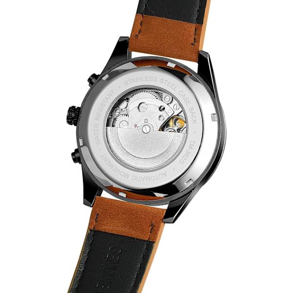 Automatisk Tourbillon Vattentät Kalender Herrklocka med Brunt Läderarmband