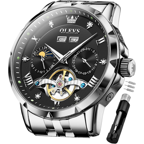 Automatisk herrklocka skelett mekanisk klassisk lyxig affärs diamant rostfritt stål vattentät lysande datum kalender armbandsur för män