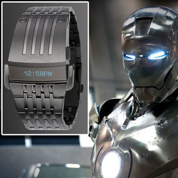 Elektronisk herrklocka Digital Blå LED-display Iron Man Rostfritt stålarmband Affärsklocka för män Vattentät Lyxig herrarmbandsur