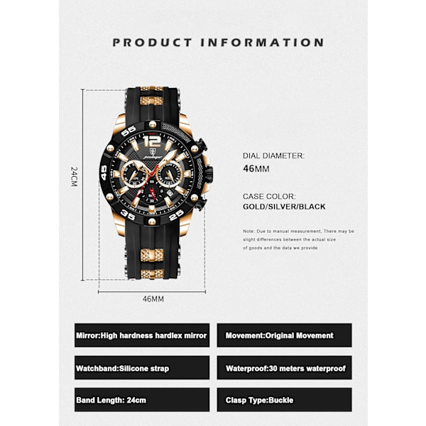 Kronograf Herrklockor Sport Quartz Klocka Lysande Datum Armbandsur för Män Silikonarmband 30M Vattentät