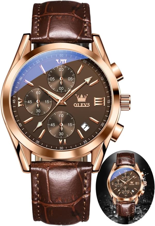Herre Chronograph Lysende Pind Læderrem Quartz Rustfrit Stål Vandtæt Ur (Kaffe)