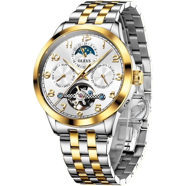 Automatisk herrklocka självuppdragande skelett mekanisk tourbillon klassisk lyx multi-kalender rostfritt stål vattentät armbandsur för män